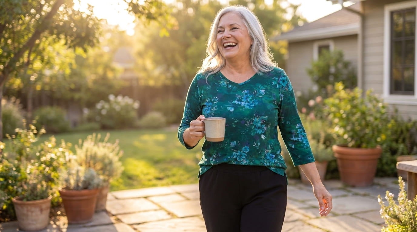 Smiling silver-haired woman in pull-on pants and a knit top walking onto a sunny garden patio with coffee