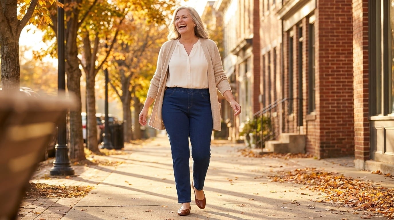 Smiling plus-size woman in pull-on knit jeans and a cardigan walking down a sunny tree-lined sidewalk