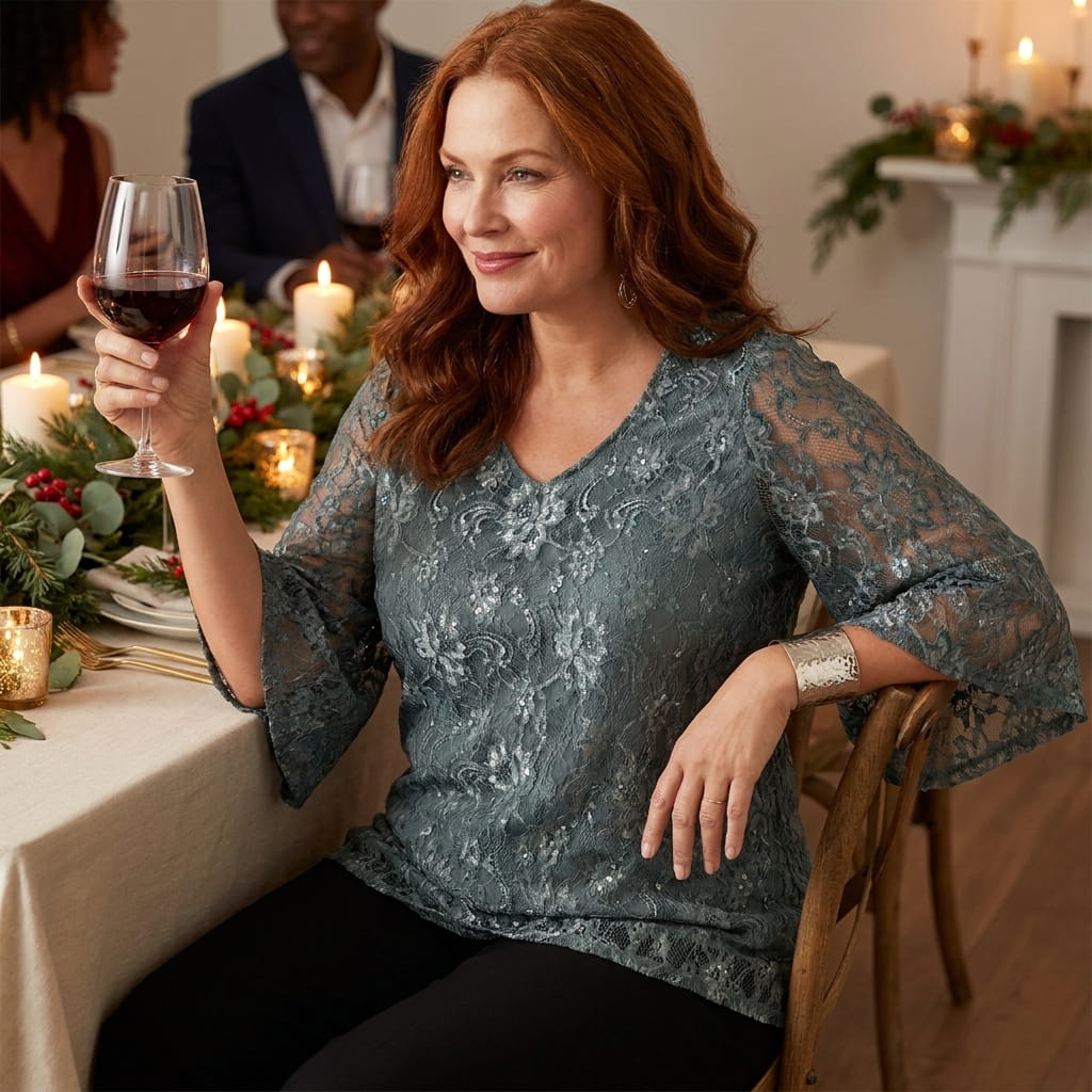 Plus-size woman in a lace angel-sleeve blouse raising a glass at a candlelit holiday dinner