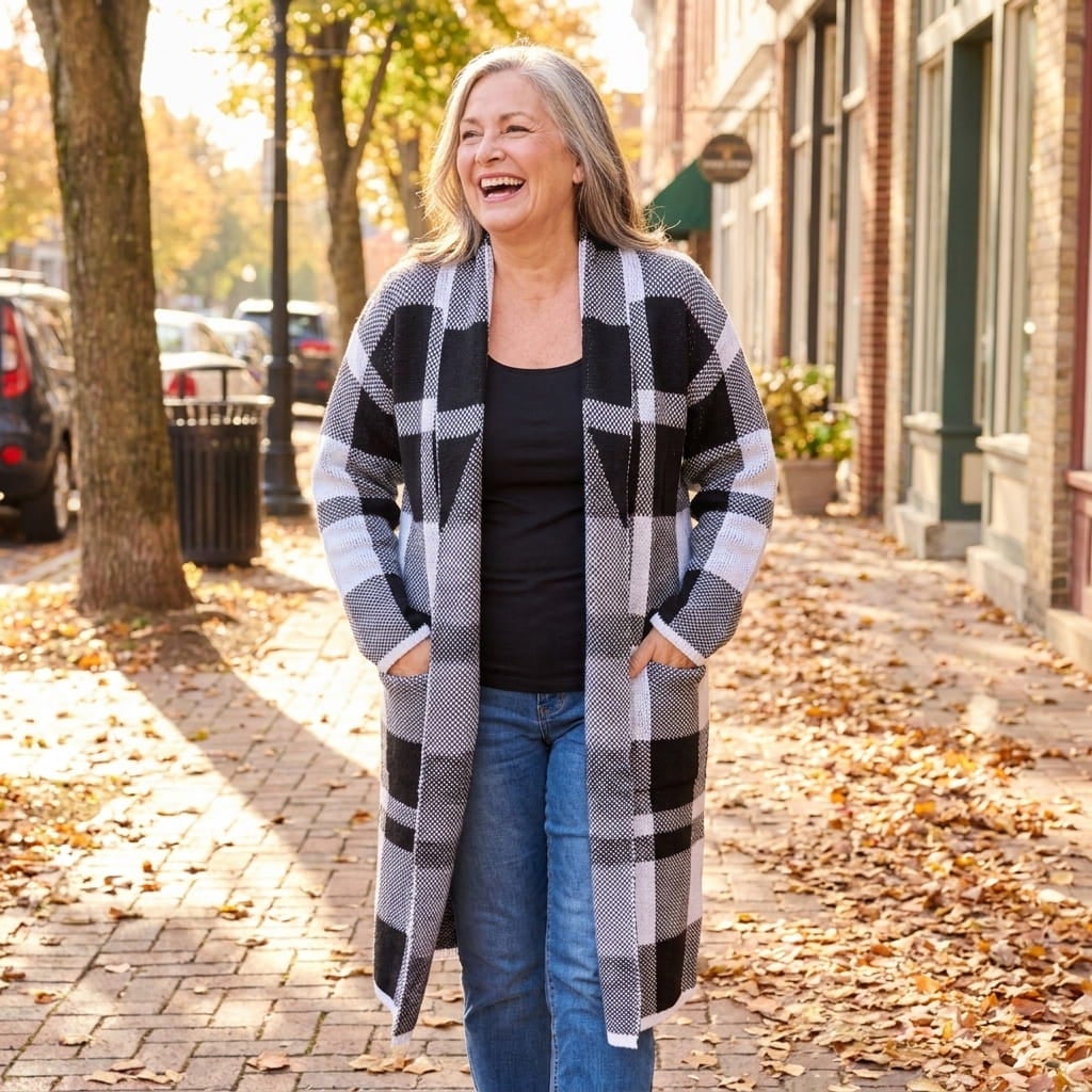 Plus-size woman walking on a fall sidewalk in a long shawl-collar duster sweater cardigan with hands in its pockets