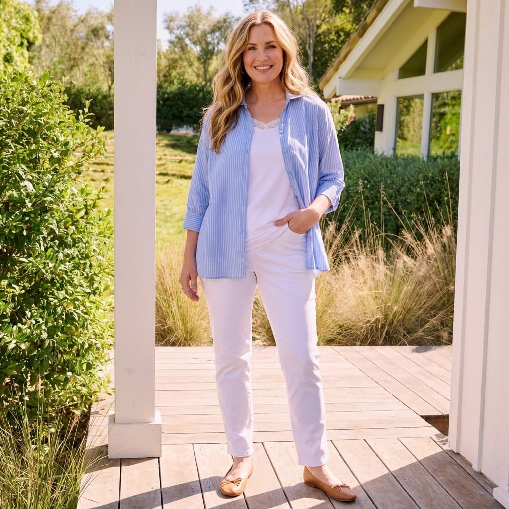 Petite plus-size woman on a sunny porch in a pull-on slim-leg knit jean with flats