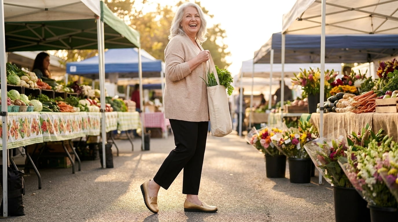 Smiling woman in her 60s walking through a sunny market in leather-like slip-on flats