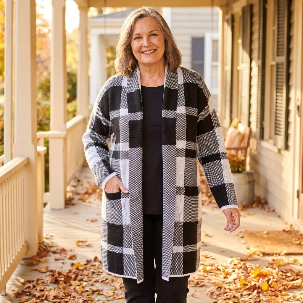 Plus-size woman in a duster-length shawl-collar sweater cardigan on an autumn porch