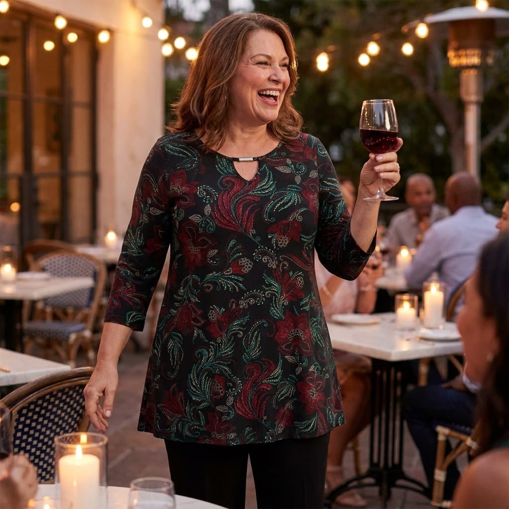 Laughing plus-size woman in her 60s in a swing tunic and black pants toasting friends on a patio at dusk