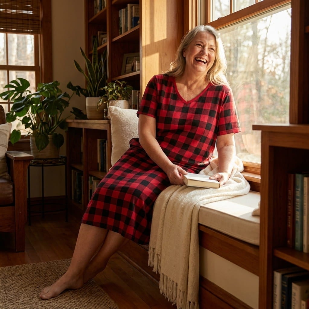 Plus-size woman in a midi cotton sleepshirt relaxing on a sunlit window seat with a book