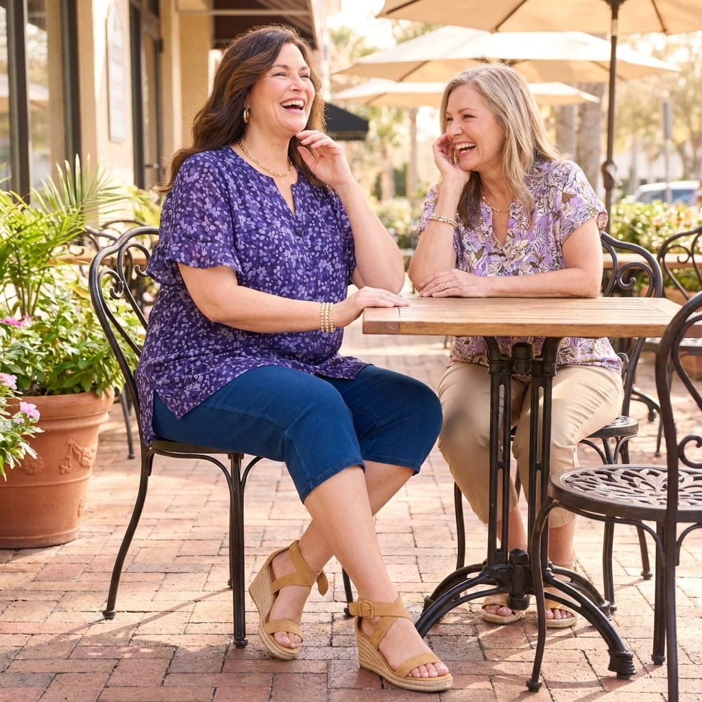 Woman in her 60s at a cafe patio wearing a denim-look knit capri with a breezy blouse and espadrilles