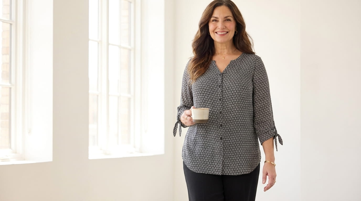Smiling woman in a buttoned georgette tie-sleeve blouse and pull-on trousers walking through a bright office