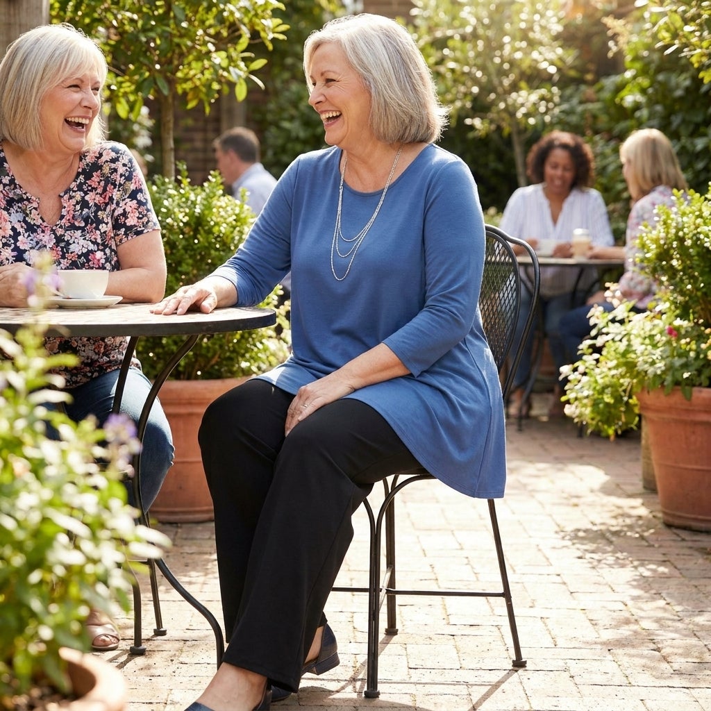 Two plus-size women in their 60s laughing on a garden patio, one in a wide leg pull-on pant and tunic