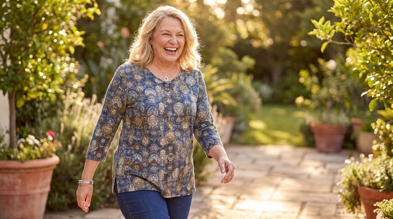 Smiling plus-size woman in a 3/4 sleeve V-neck tee and jeans on a sunny garden patio