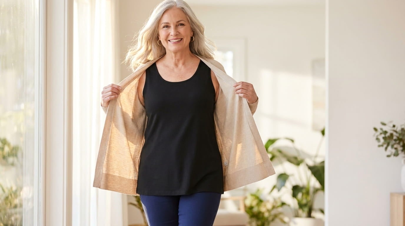 Smiling plus-size woman in her 60s layering an open cardigan over a wide-strap tank by a sunny window