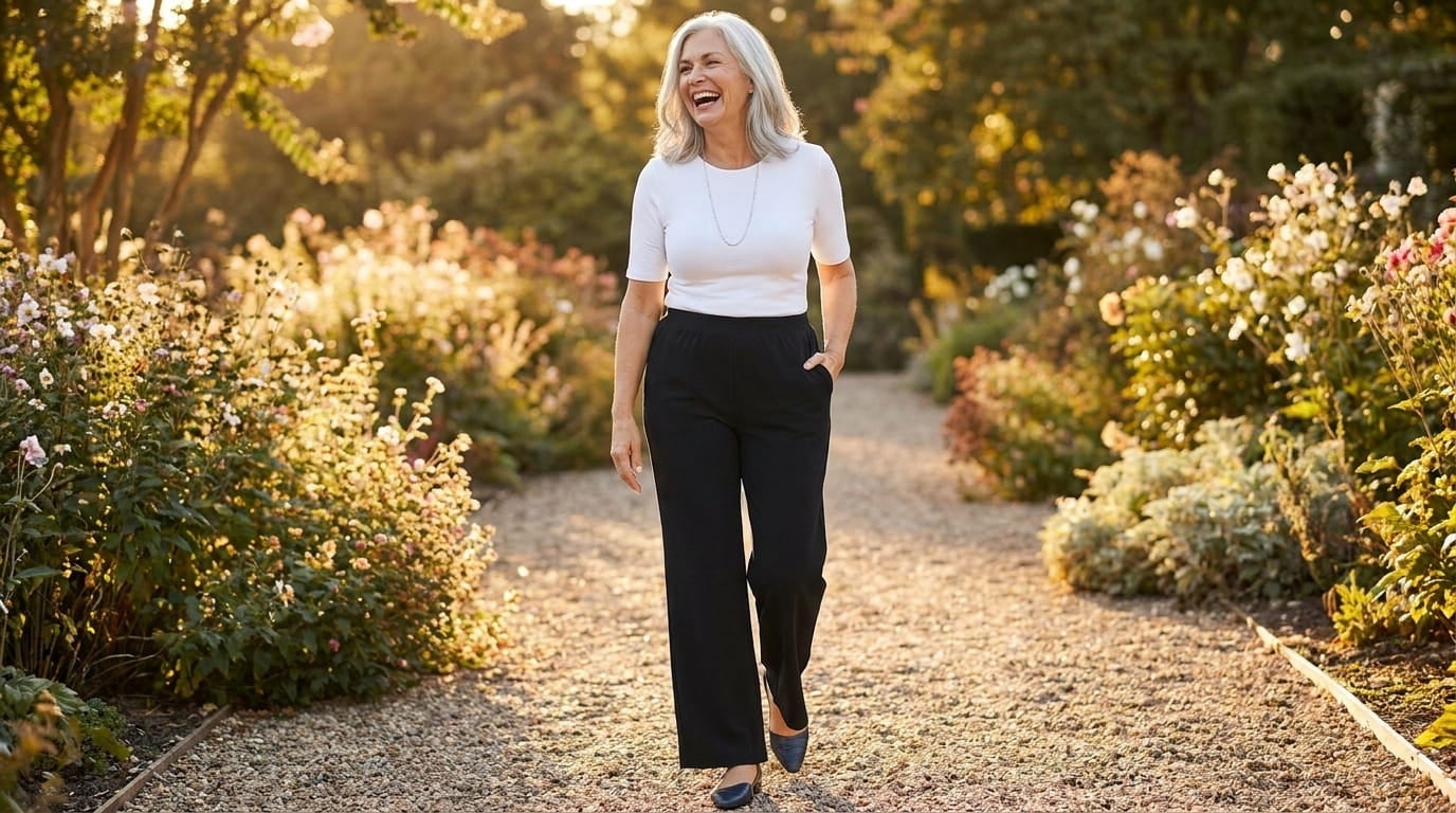 Plus-size woman in her 60s walking a garden path in wide-leg pull-on pants with a tucked-in top and flats