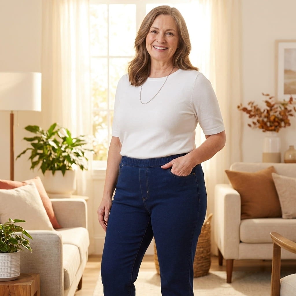 Plus-size woman with fuller hips smiling in curvy-fit pull-on knit jeans in a bright living room