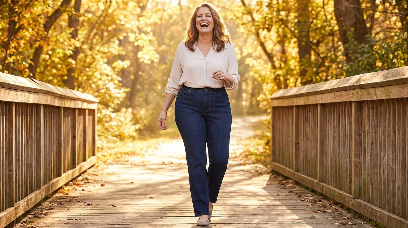 Smiling plus-size woman walking outdoors in straight leg stretch denim jeans with a tucked blouse