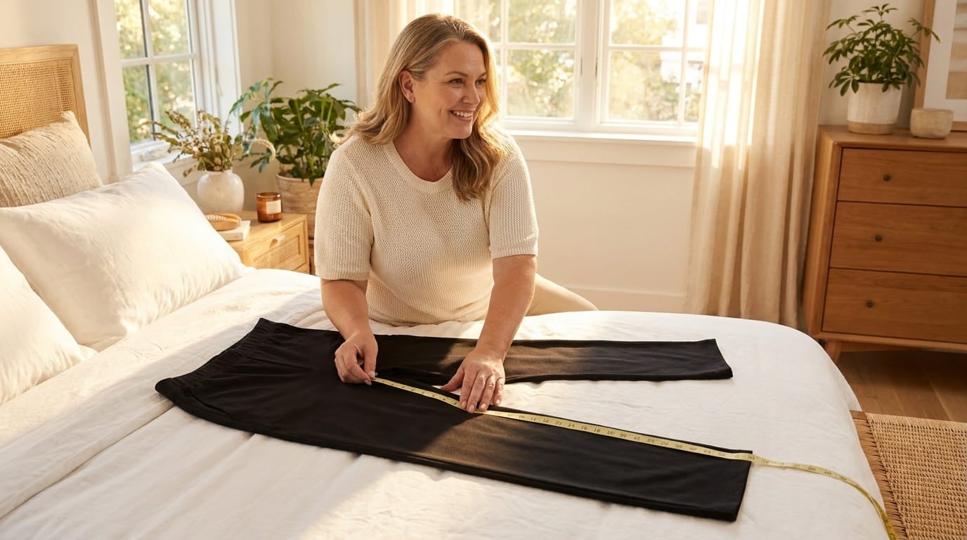 Woman measuring the inseam of pull-on pants laid flat, tape running from crotch seam to hem