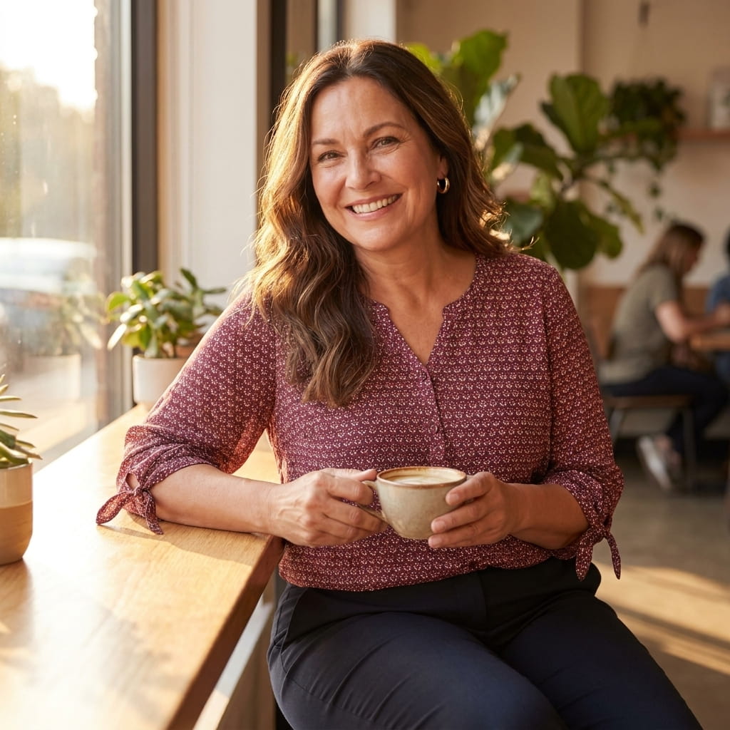 Smiling plus-size woman in a tie-sleeve georgette blouse at a sunlit cafe table