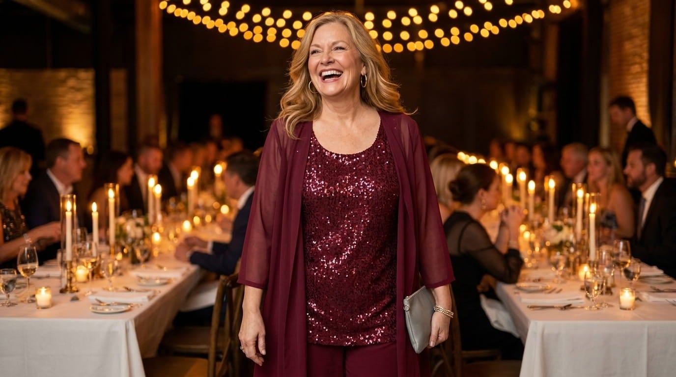 Smiling plus-size woman in a sequin tank pant suit arriving at a candlelit autumn dinner party
