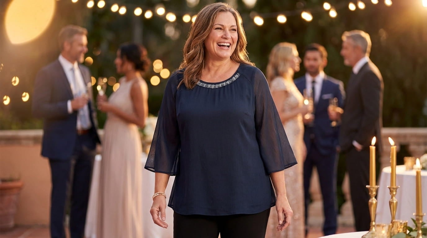 Smiling plus-size woman in a crinkle chiffon flutter-sleeve blouse and black pants at an evening wedding reception