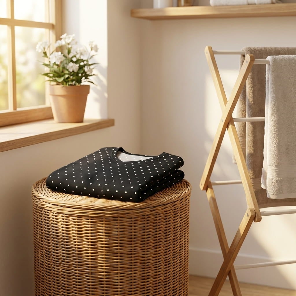 Folded cotton nightgown on a laundry basket beside a wooden drying rack in soft window light