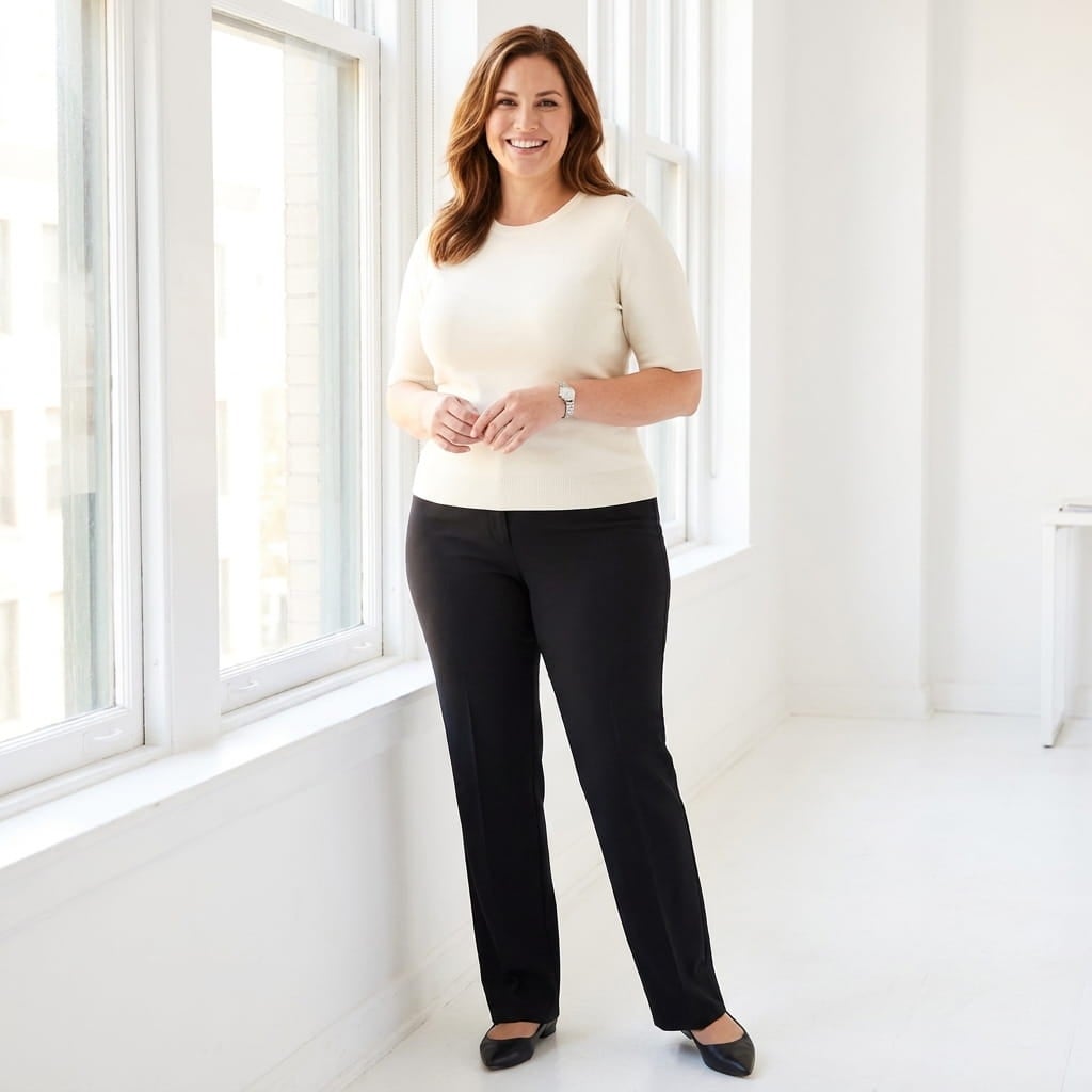 Smiling tall plus-size woman in a straight-leg work pant whose hem grazes her flats in a bright office