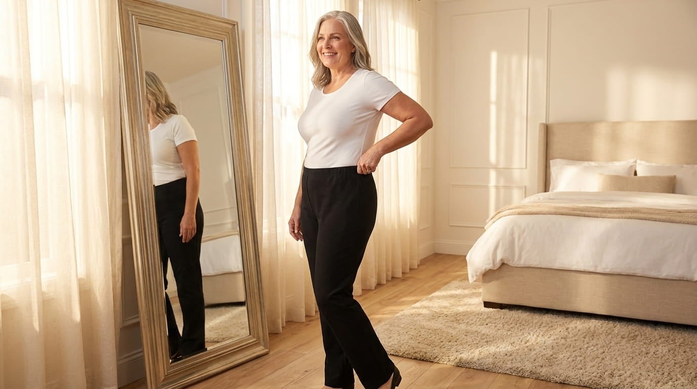 Smiling plus-size woman in a pull-on knit pant checks the fit at her hip in a bright bedroom mirror