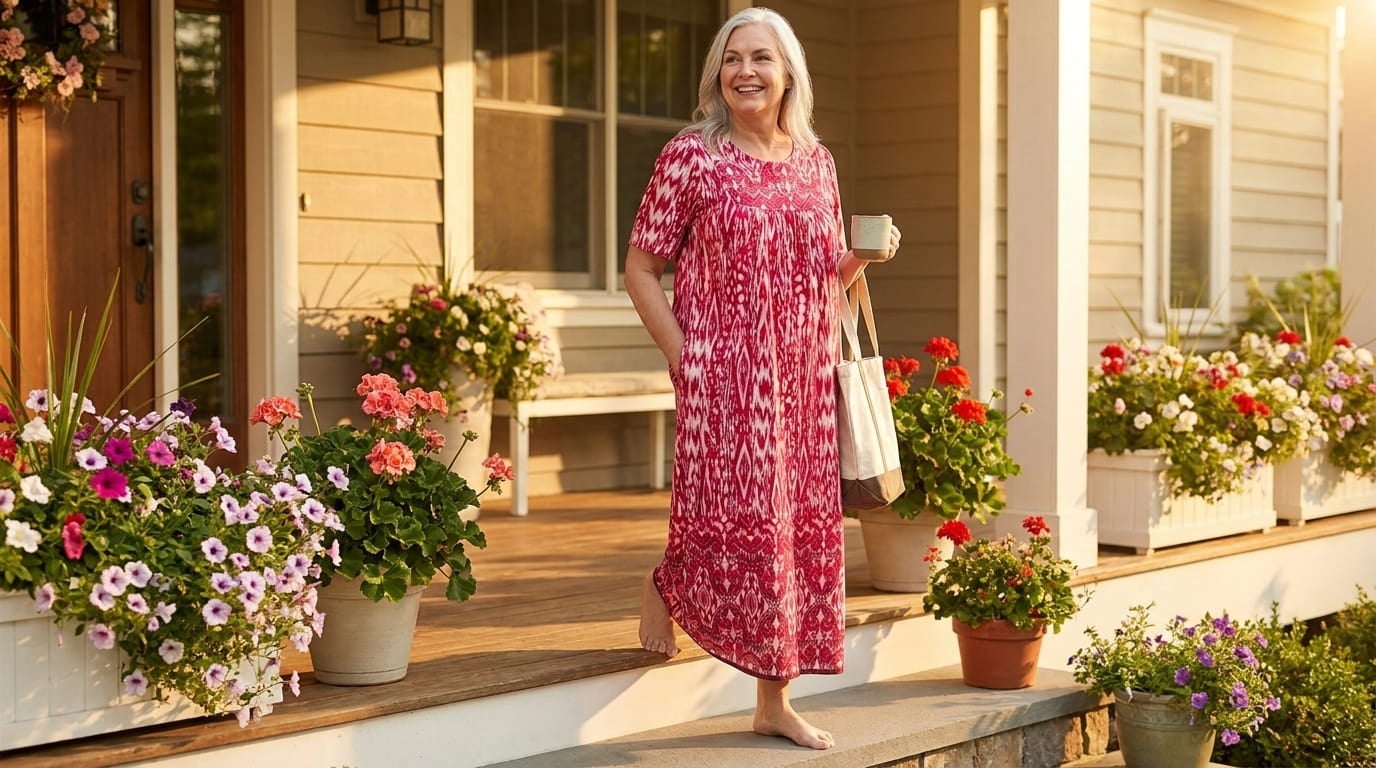 Smiling plus-size woman in a bib-front maxi lounger stepping off a sunny front porch with a tote bag