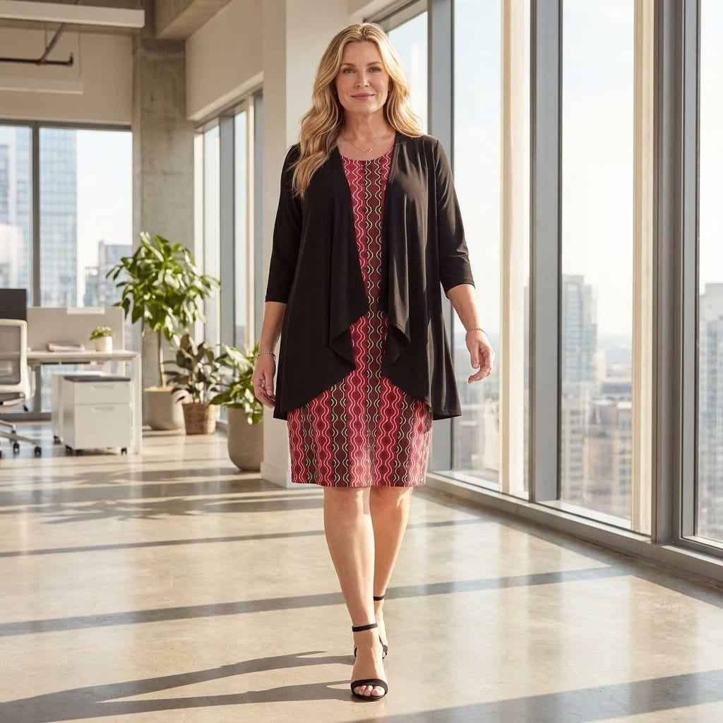 Plus-size woman in her late 50s wearing a printed jacket dress with a cascade jacket, walking into a bright office