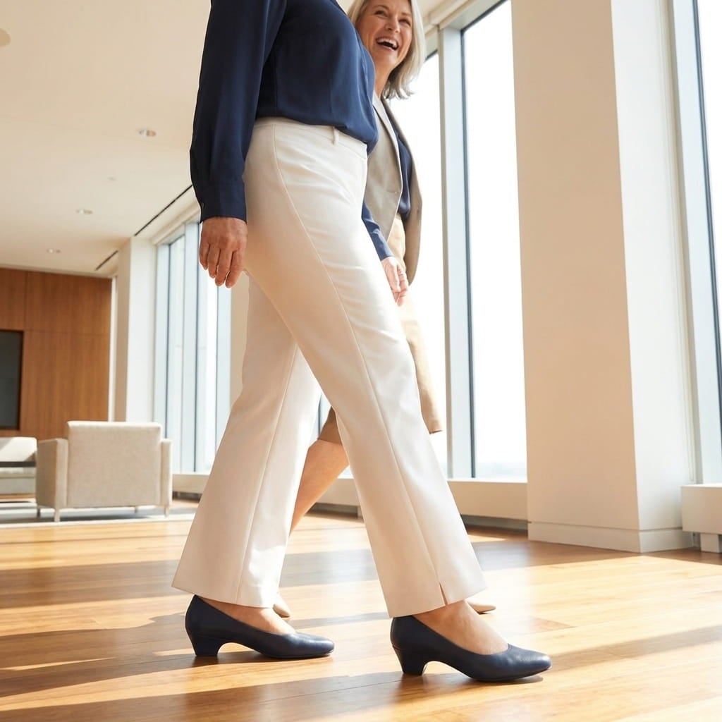 Woman in work pants and a low block-heel slip-on pump walking through a bright office lobby