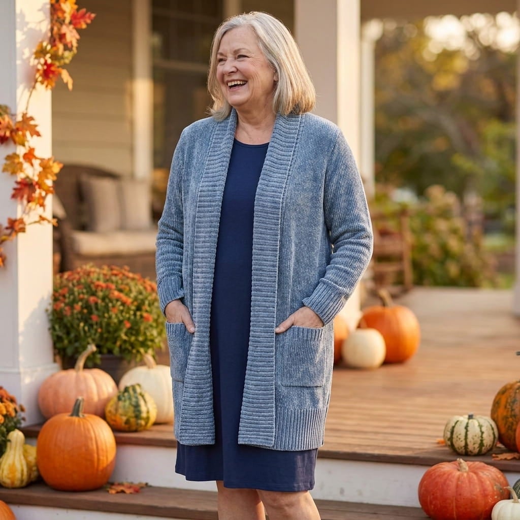 Woman on a fall porch wearing a duster-length shawl-collar cardigan open over a knee-length dress
