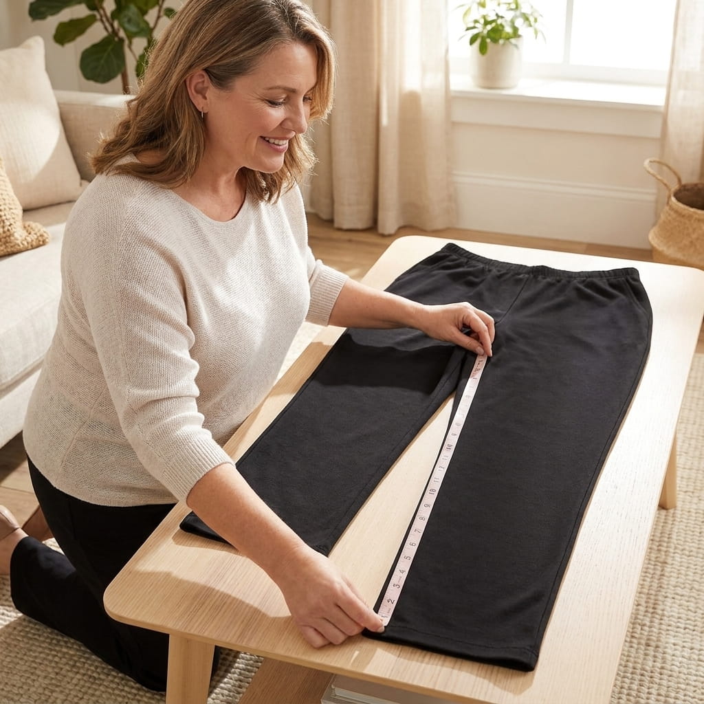 Woman measuring the inseam of flat-laid pants with a soft tape from crotch seam to hem