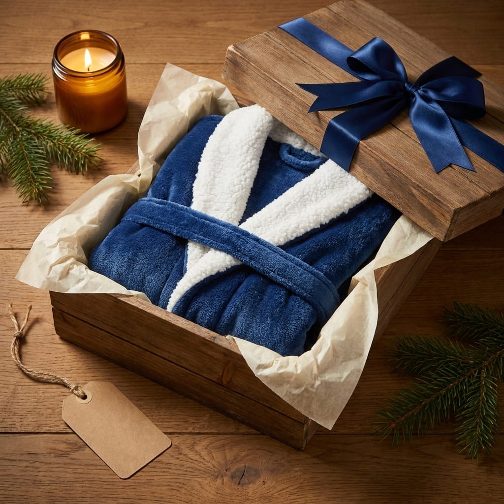 Folded fleece robe in an open gift box with tissue paper, ribbon, candle and pine sprigs