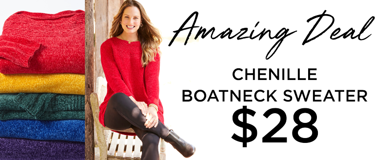 CHENILLE BOATNECK SWEATER NOW $28