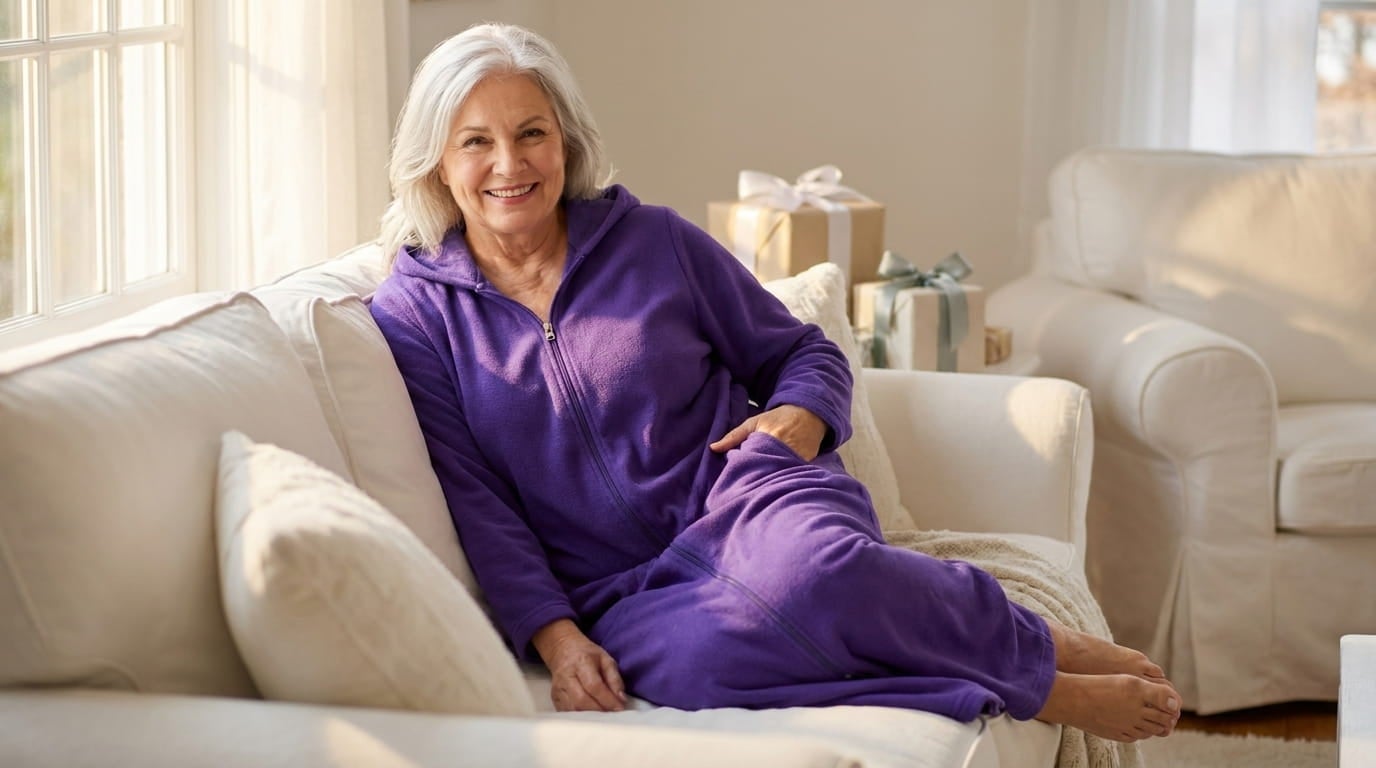 Smiling plus-size woman in her 60s relaxes on a sofa with a mug, wearing a long hooded fleece robe