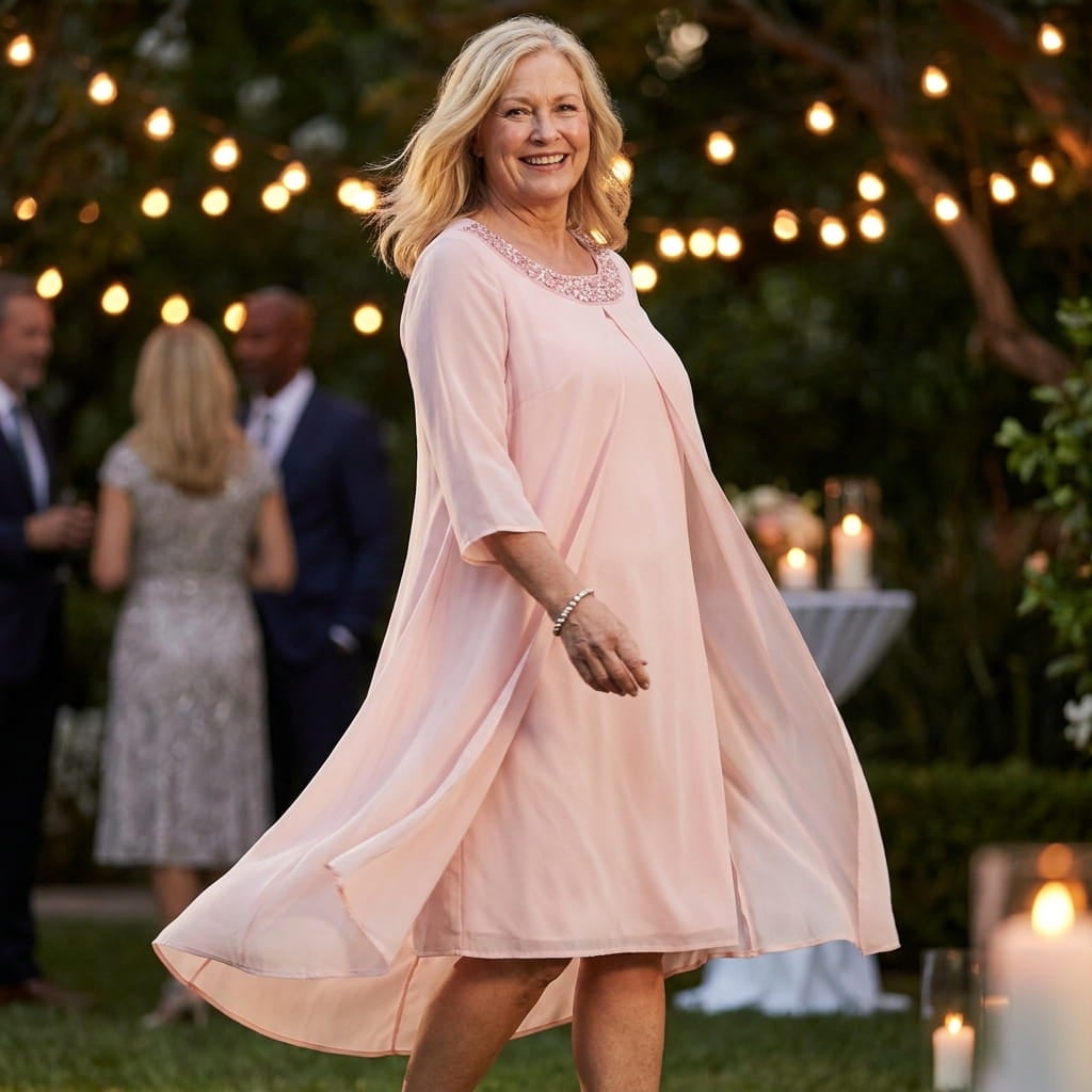 Plus-size woman in an A-line flyaway dress with chiffon overlay turning and smiling at an evening garden party