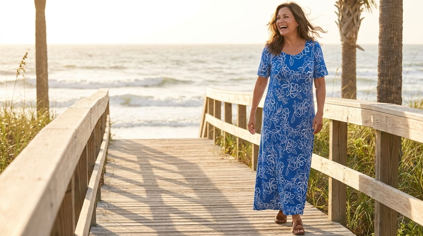 Petite plus-size woman in a stretch cotton t-shirt maxi dress with the hem landing at her ankles on a boardwalk