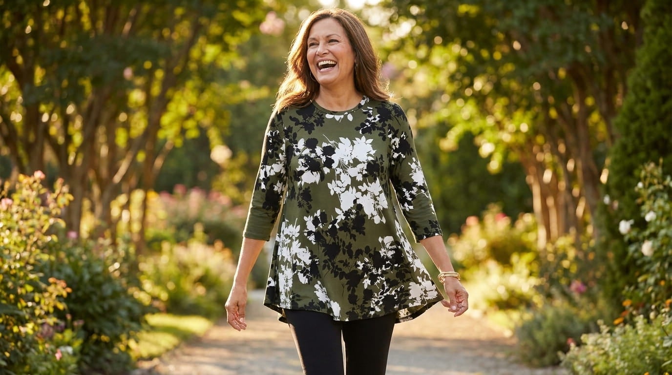 Smiling plus-size woman in her 60s walking in a garden in a swing tunic with three-quarter sleeves and leggings