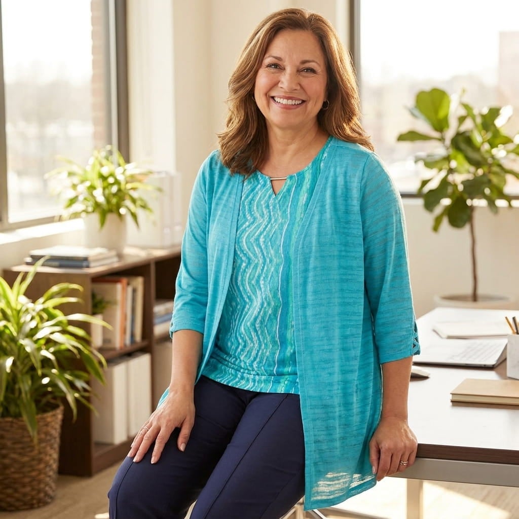 Plus-size woman in a light open-front cardigan with 3/4 sleeves smiling in a bright office