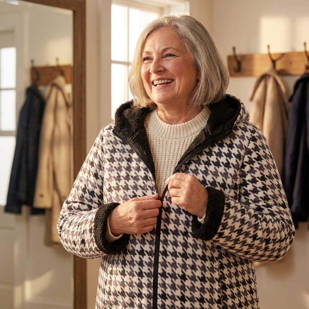 Plus-size woman zipping a sherpa-lined fleece coat over a knit sweater in a sunny entryway