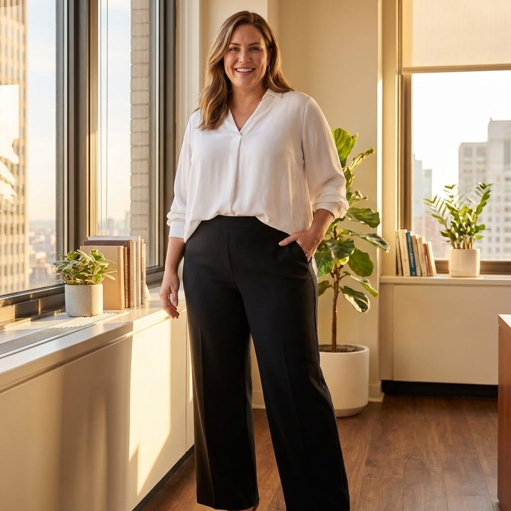 Smiling plus-size woman in a flat-front pull-on pant and blouse, one hand in a pocket, beside an office window