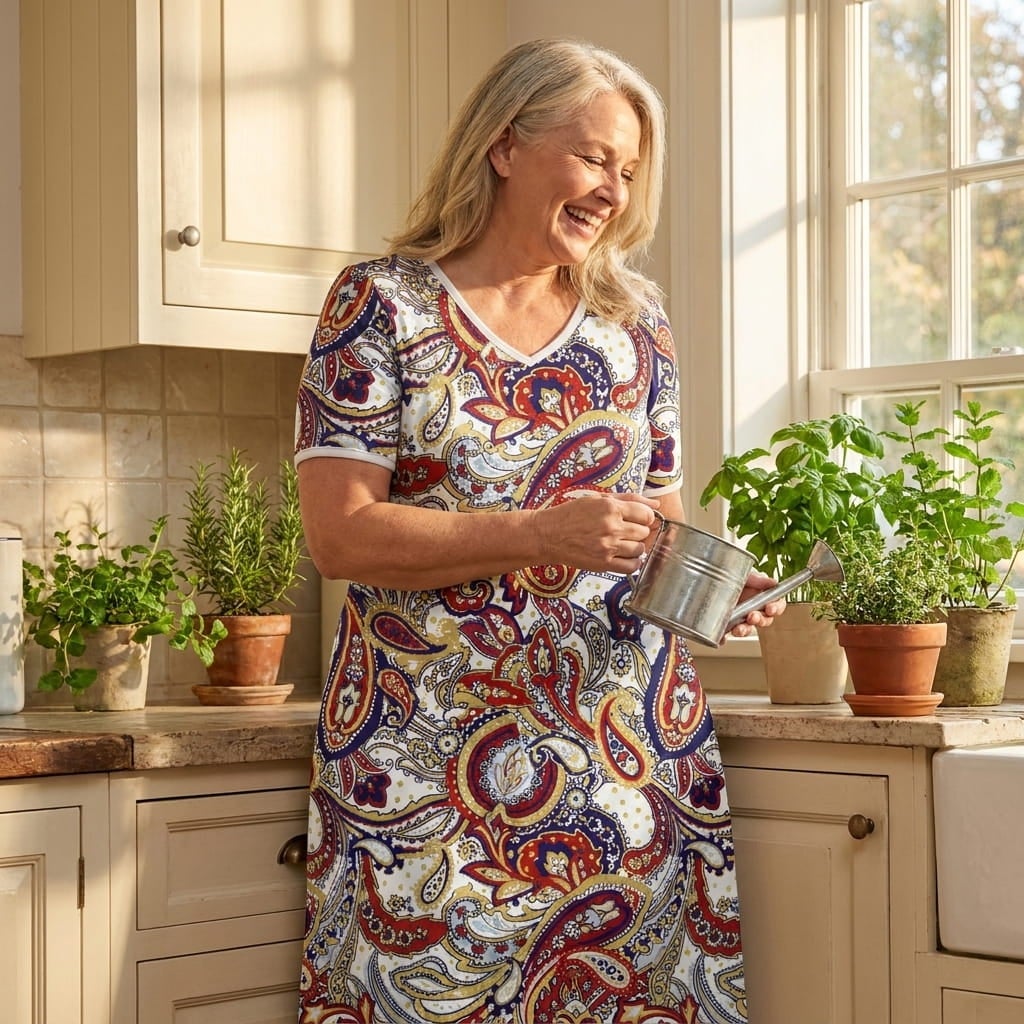 Plus-size woman in a V-neck knit maxi lounger watering herbs on a sunny kitchen windowsill