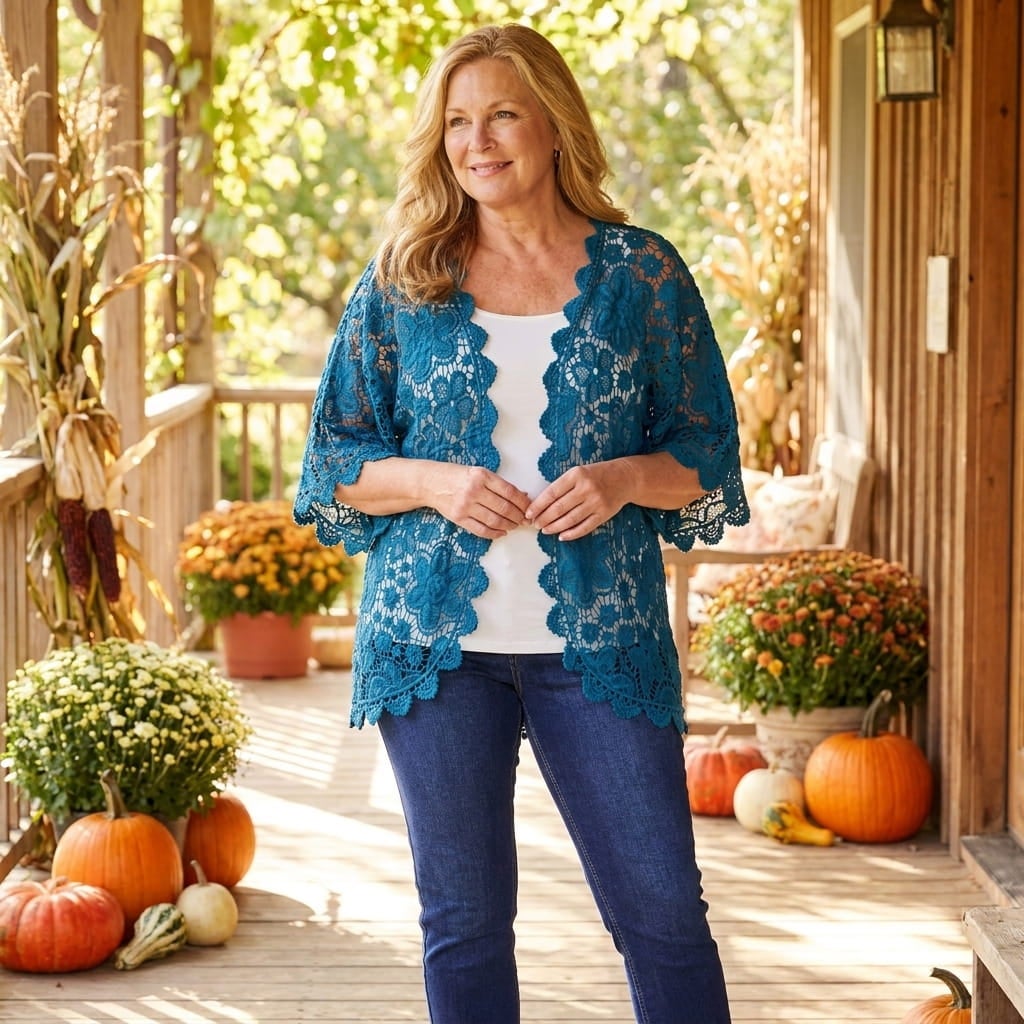 Plus-size woman on a sunny porch wearing a crochet kimono with dolman sleeves over a tank