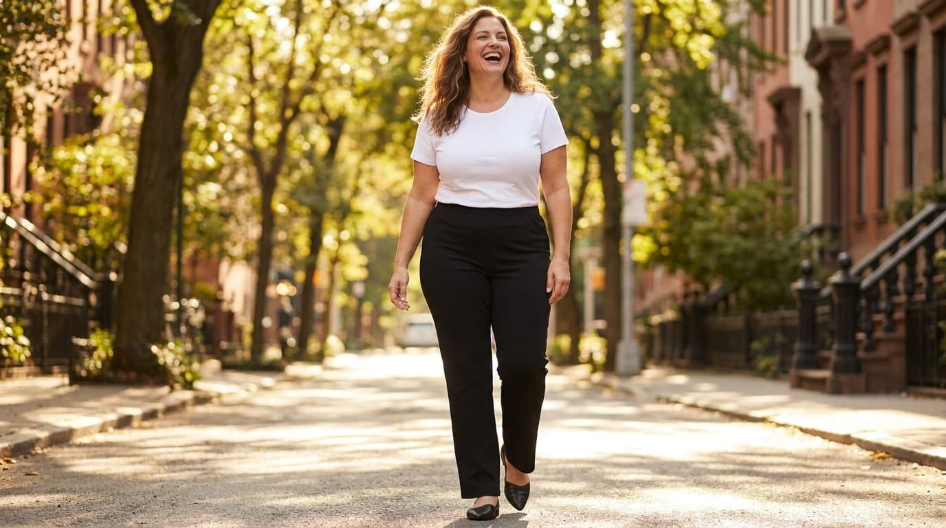 Smiling plus-size woman walking down a sunny city street in a pull-on pant and tee