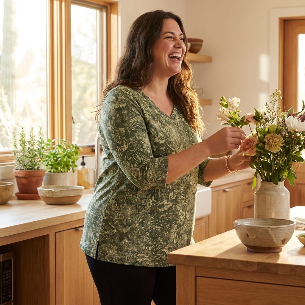 Laughing plus-size woman arranging flowers in a sunny kitchen, wearing a V-neck tunic over pants