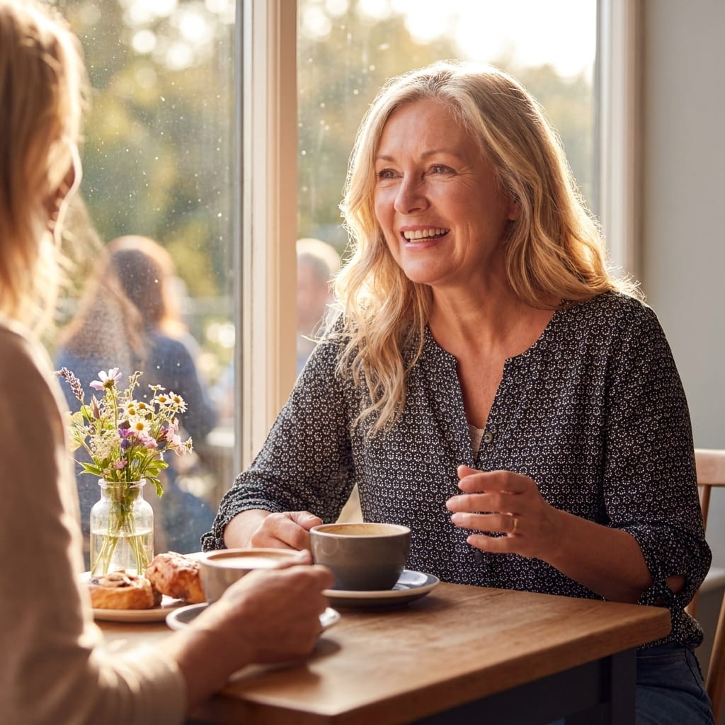 Plus-size woman in her 60s at a café table wearing a buttonfront blouse with tie sleeves