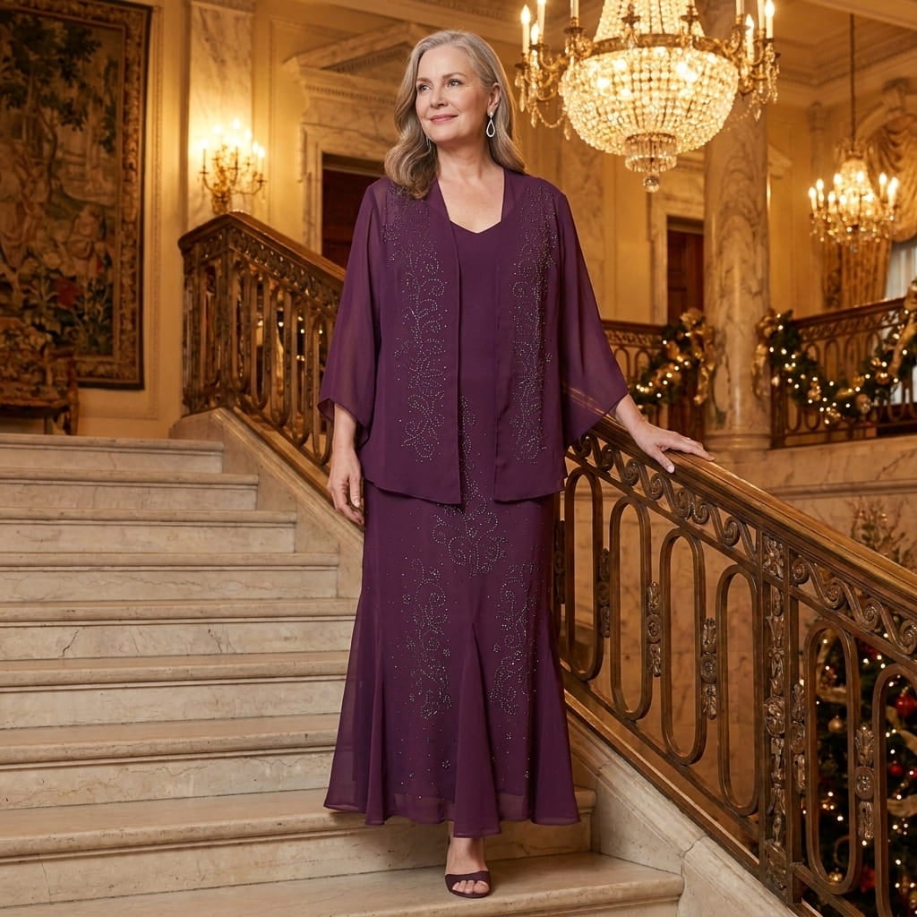 Plus-size woman in a long beaded dress with matching jacket walking down a ballroom staircase