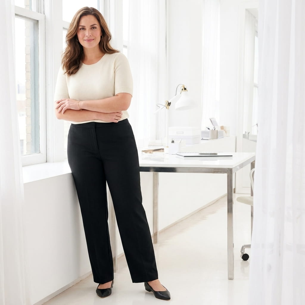 Plus-size woman in a straight leg work pant and knit top standing by a sunny office window