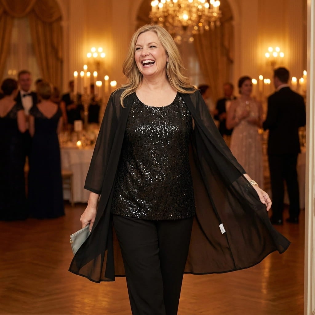 Plus-size woman in a sequin tank pant suit with a long open cardigan walking into an evening party