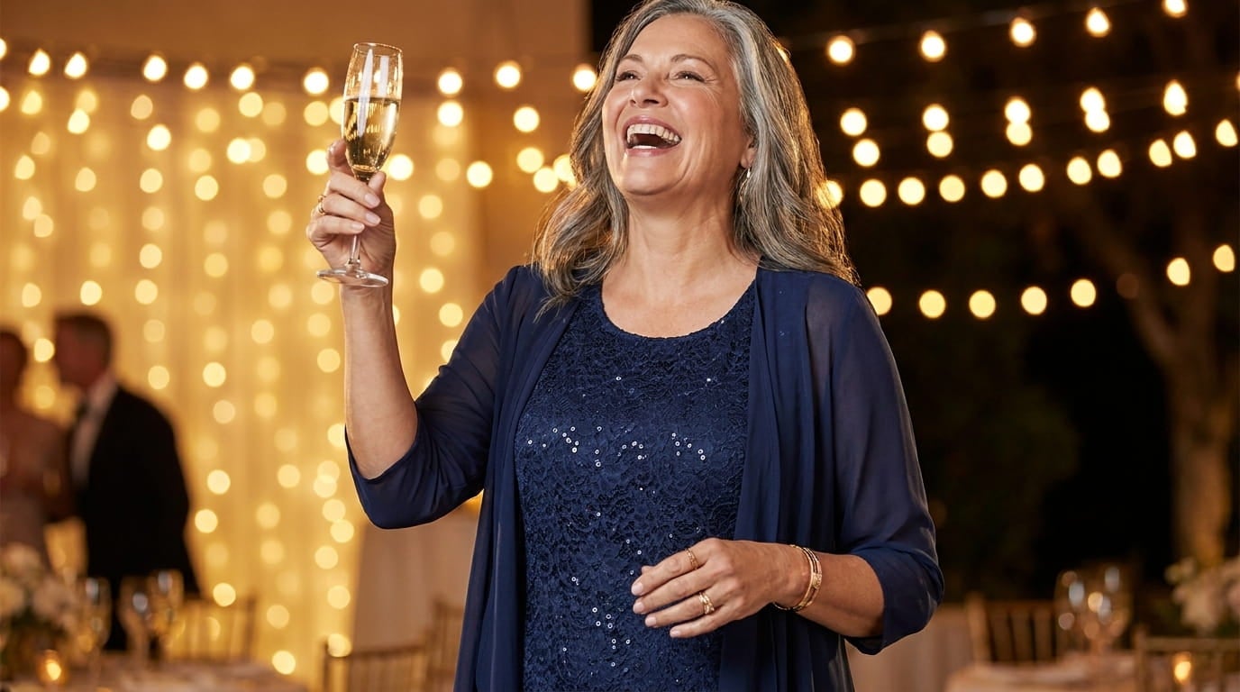 Smiling plus-size woman in her 60s wearing a lace jacket dress at an evening wedding reception