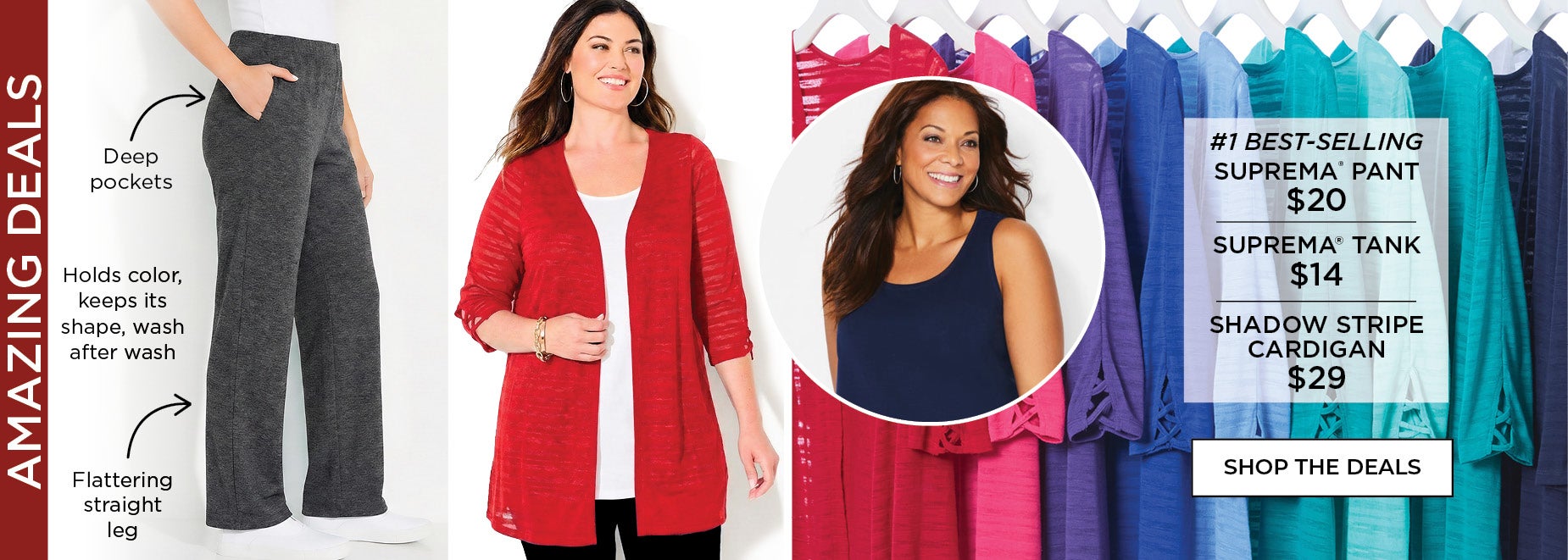 AMZING DEALS! SUPREMA PANT NOW $20, SUPREMA TANK NOW $14, SHADOW STRIPE CARDIGAN NOW $29