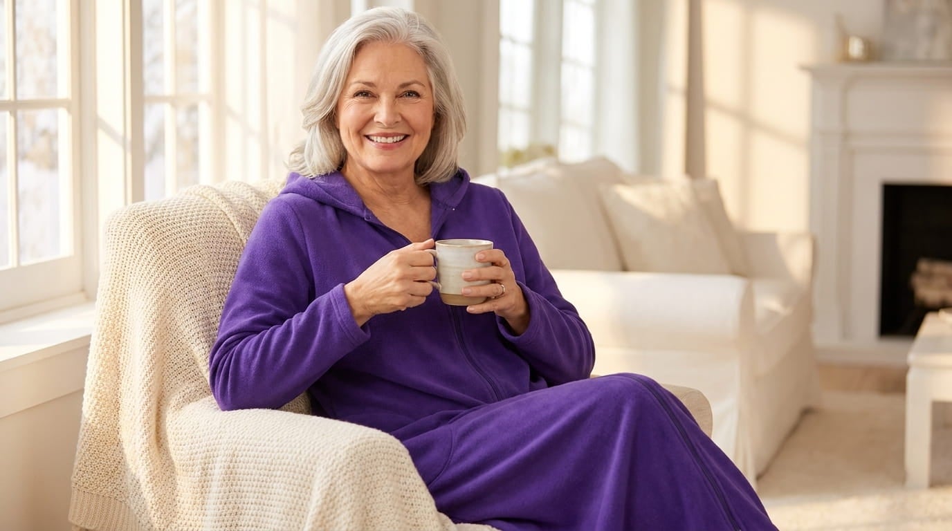 Smiling woman in a long hooded fleece robe holding a mug of tea in a sunlit living room