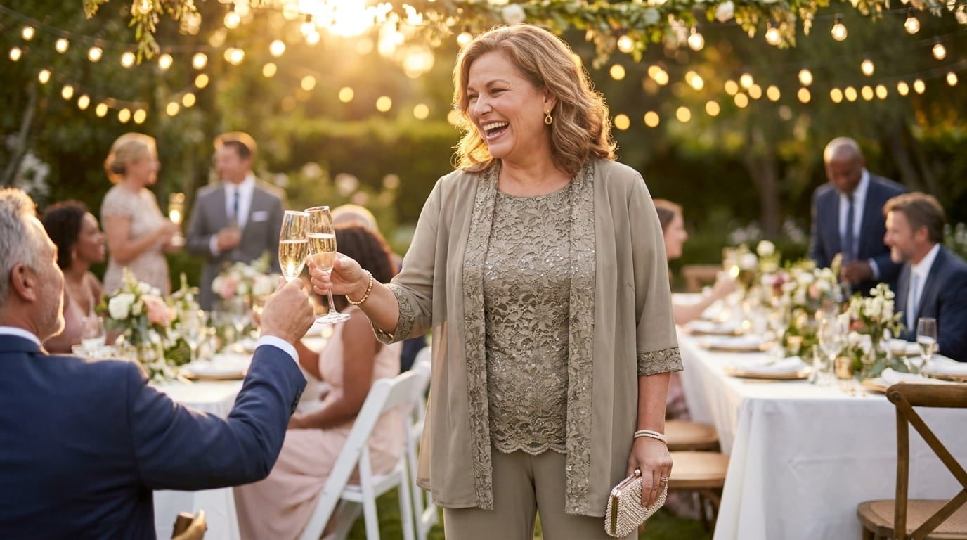 Smiling plus-size woman in a three-piece lace pant suit raising a glass at an outdoor wedding reception